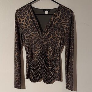 VENUS Animal Print Ruched Long Sleeve Blouse